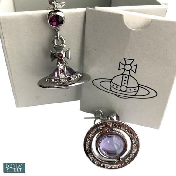 Vivienne Westwood Mayfair Orb Drop Earrings Silver Lilac Crystal Set NEW - Picture 6 of 10